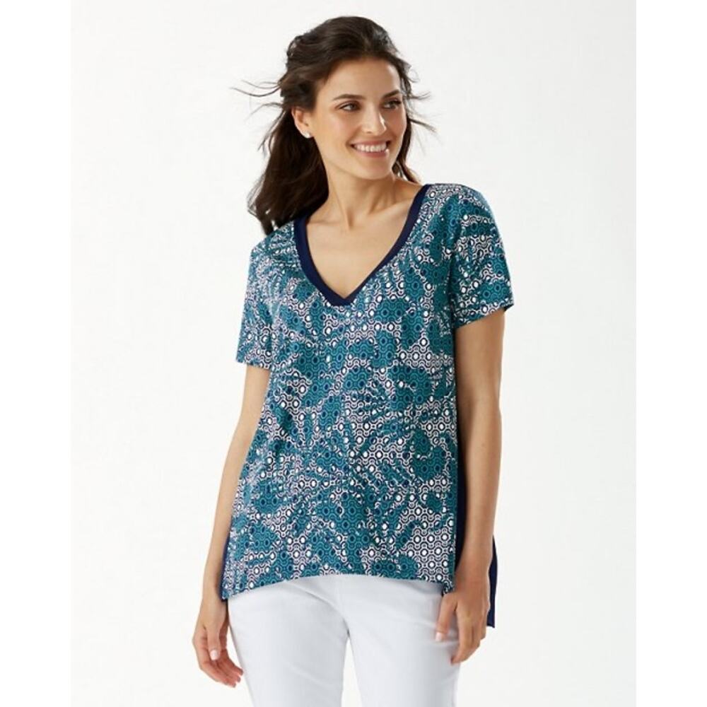 Tommy‎ Bahama Breezy Blooms Mixed T-Shirt Blue White Teal Size Medium